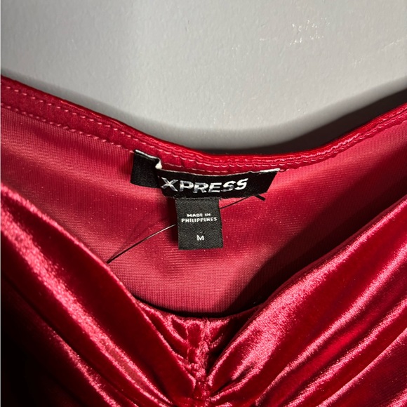 Express Red Velvet Long Sleeve Cinched Front Sweetheart Neck Top Medium - Picture 4 of 6